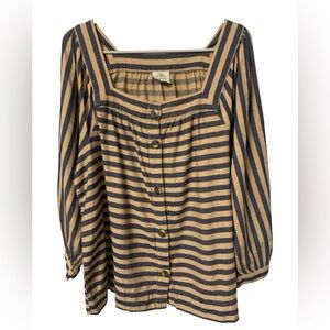 St. John Bay blouse XL Navy Blue and khaki balloon sleeves square neck